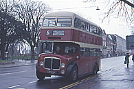 355 (375 FCR), a 1963 AEC Regent V with 66 seat East Lancs body, outbound on route 15 to Bassett Green at the Cenotaph  on a dull and wet 17/02/1977. 